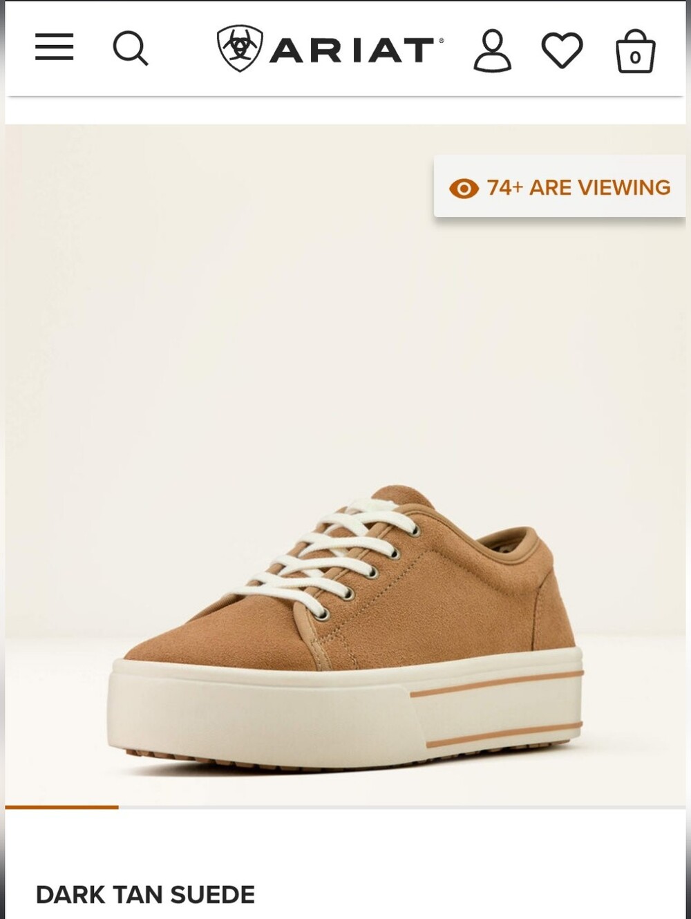 NWOB Ariat Skylar Platform Suede Sneaker in Dark Tan